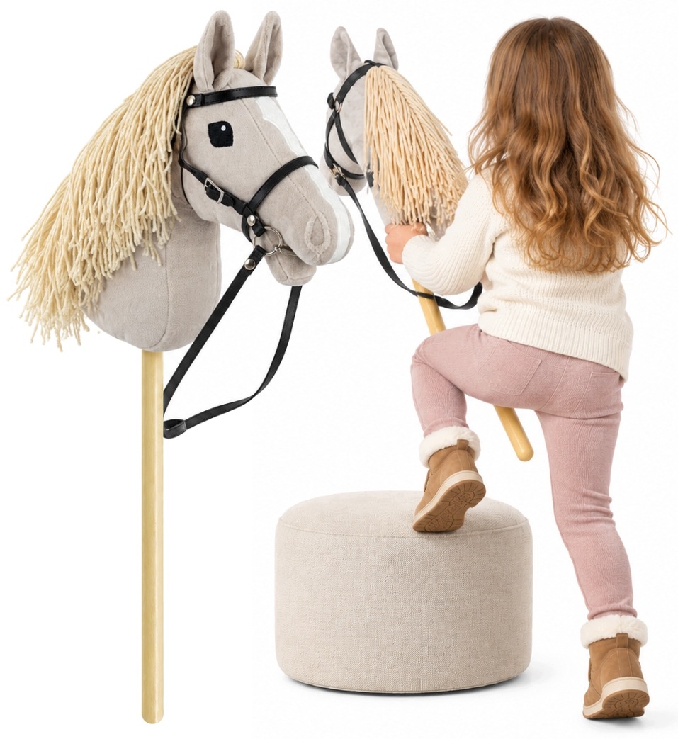 Konik na Kiju Hobby Horse Szary Kantar Wodze Koń Wydaje Dźwięki A3