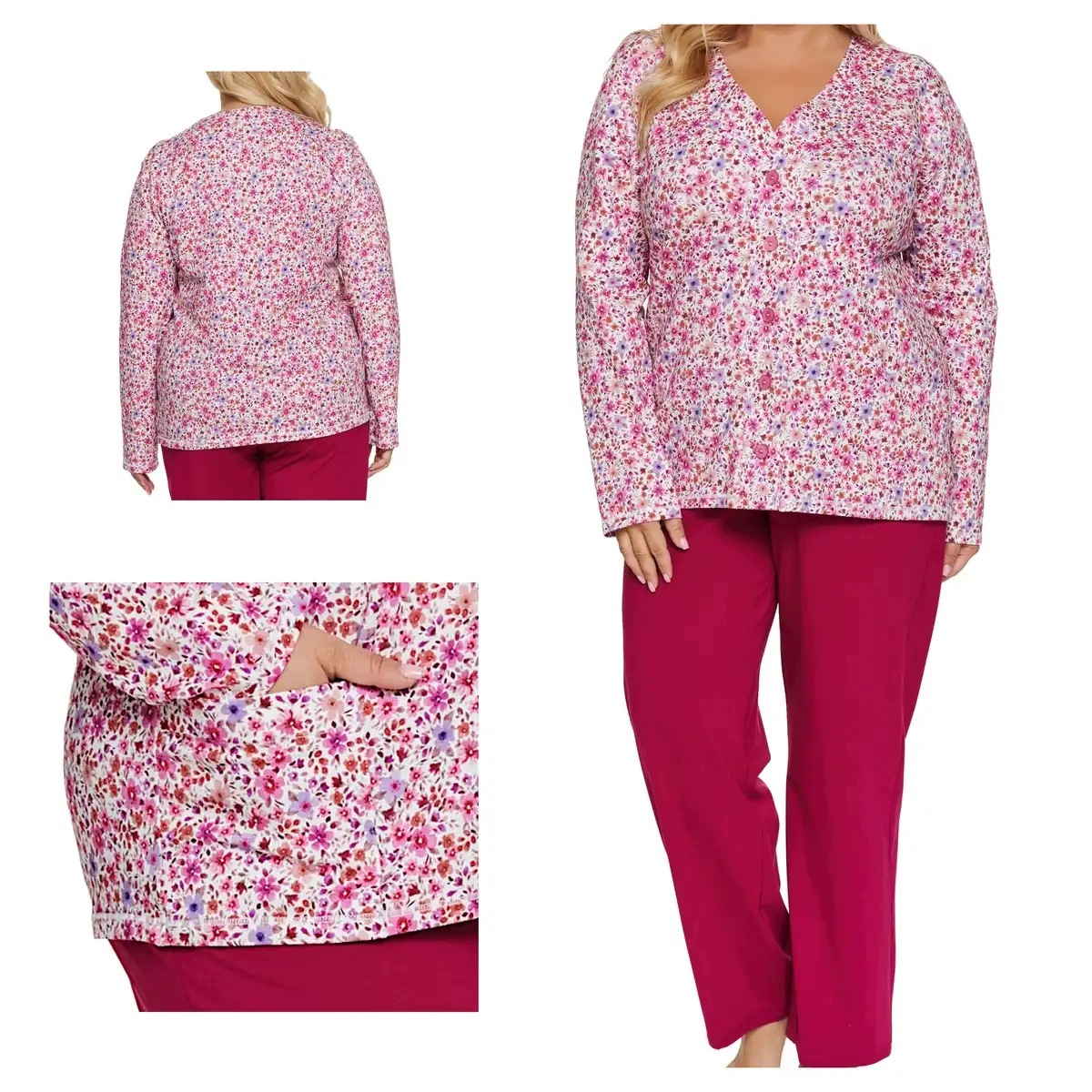 Dámské pyžamo Pb 7560 Fuchsia Meadow bavlněné se zapínáním na knoflíky L