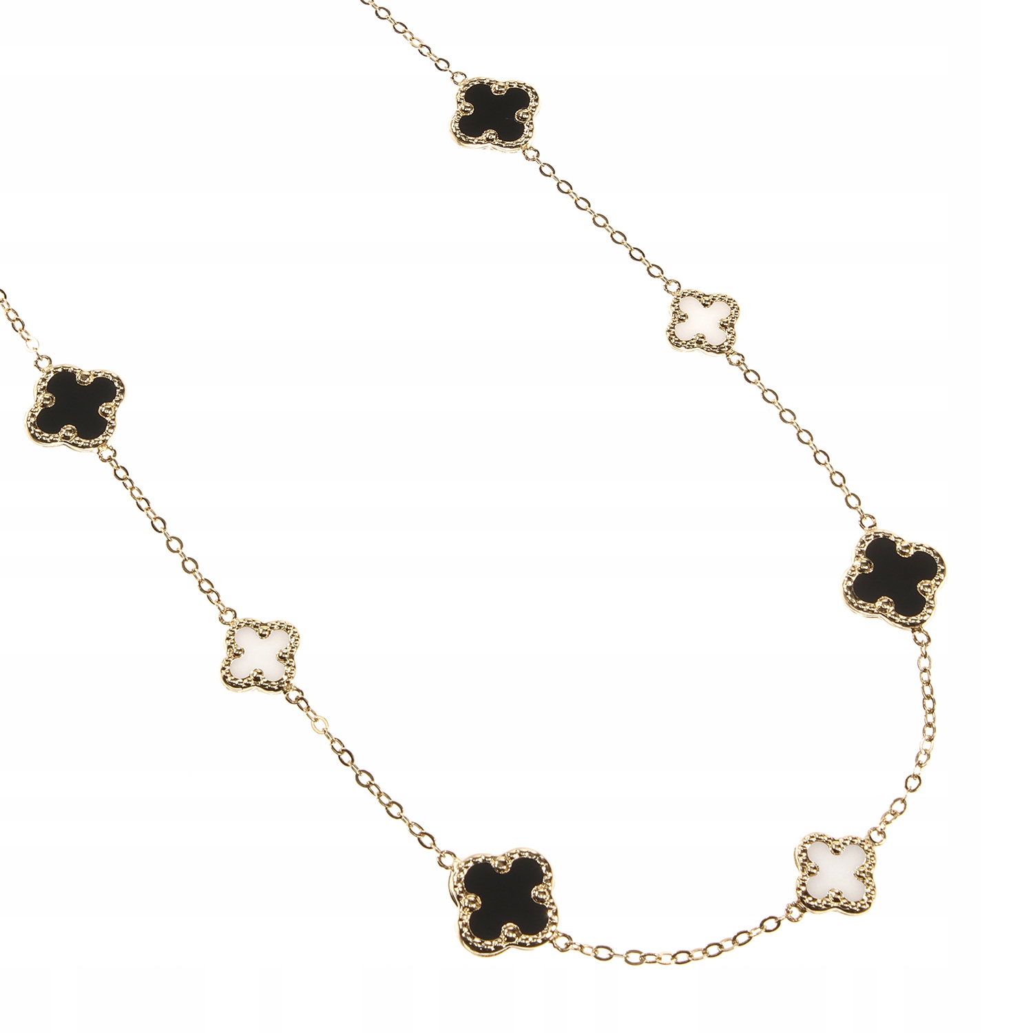 Zlatý náhrdelník s černobílými jetelkami