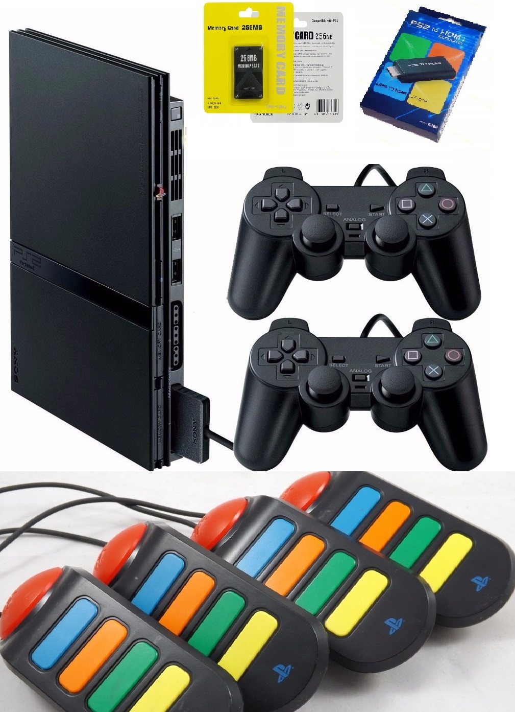 KONSOLA PLAYSTATION 2 PS2 2 PADY KARTA PAMIĘCI ADAPTER HDMI KONTROLERY BUZZ