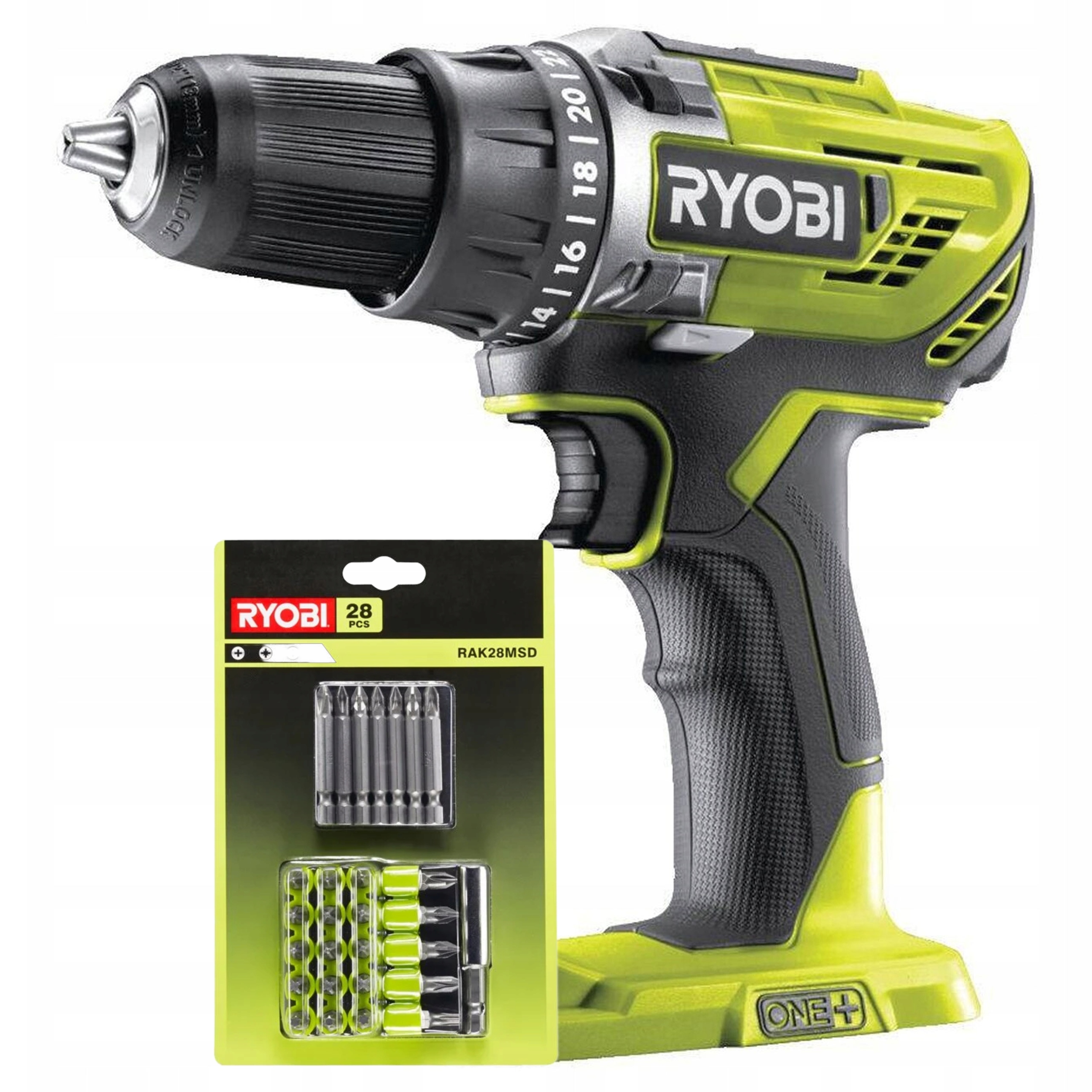 Ryobi Wiertarko-wkrętarka 18V R18DD3-0 Ryobi Zestaw do wkręcania 28 szt.