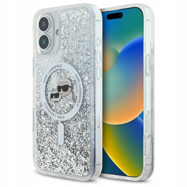 Pouzdro Karl Lagerfeld pro iPhone 16 Plus 6,7" průhledné s tekutým třpytem