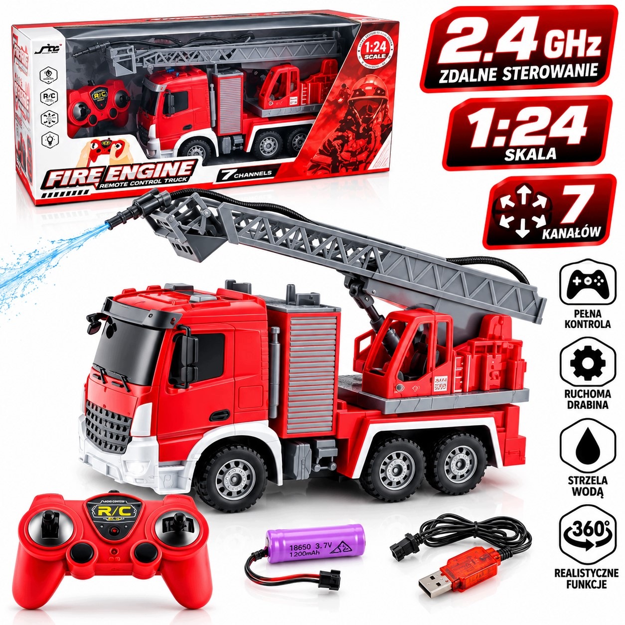 Straż Pożarna Rc 2.4GHz 7CH Wóz Strażacki Zdalnie Sterowany Drabina Woda