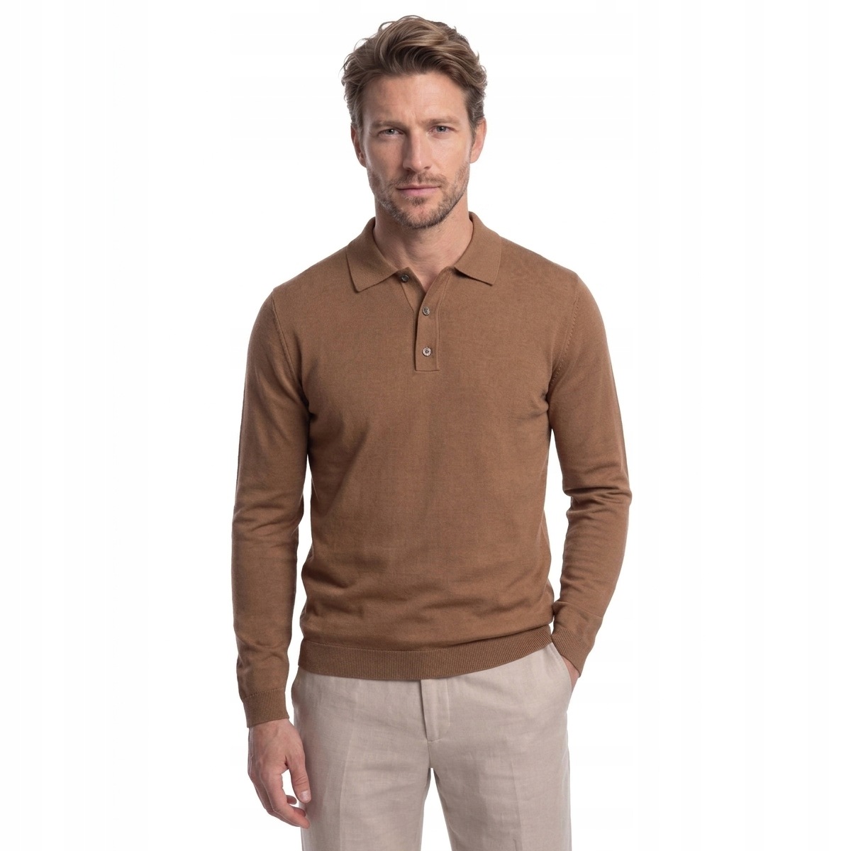 Kamelový svetr Merino vlna 100% polo límec Pako Lorente vel. M