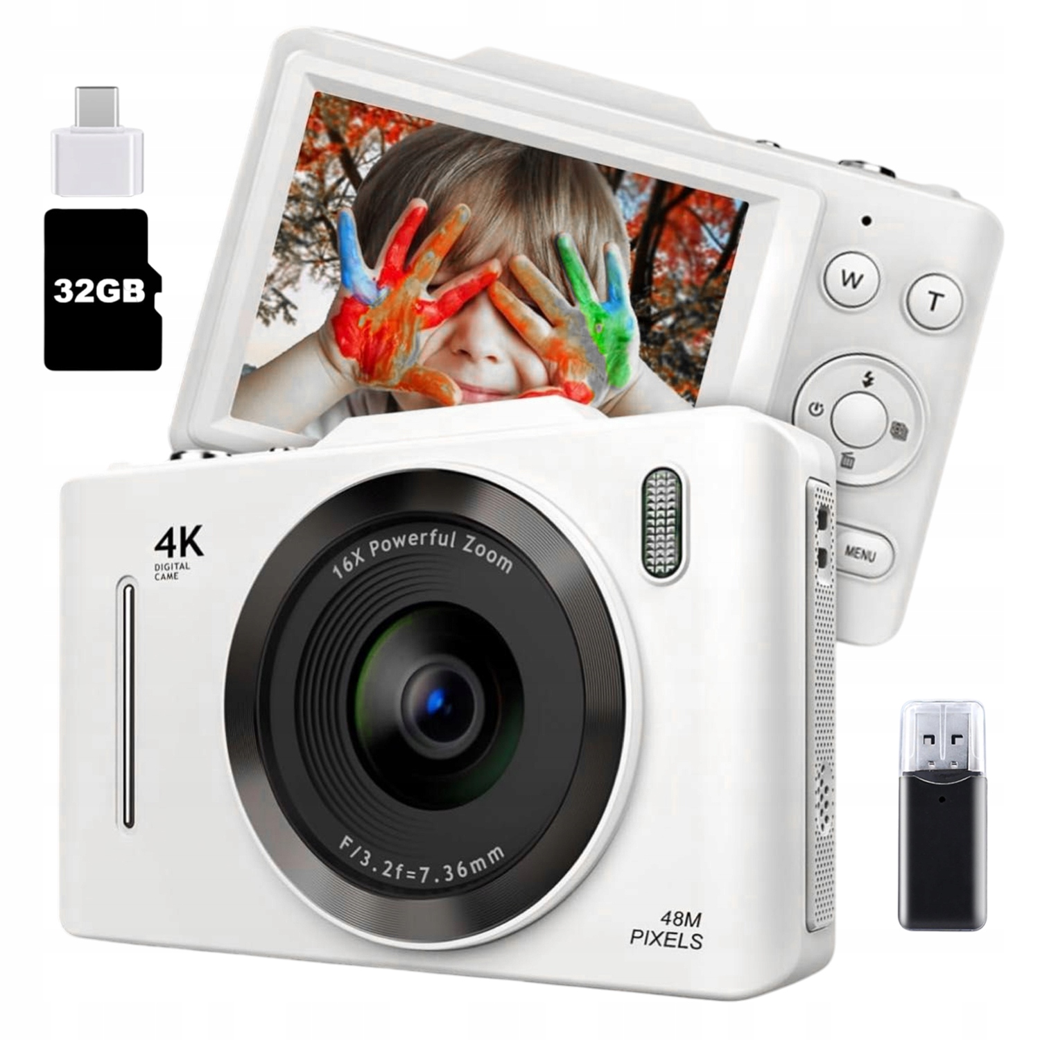 Přenosný Digitální Fotoaparát 48 Mp Bílý Full Hd 16X Zoom 32G Paměťová Karta