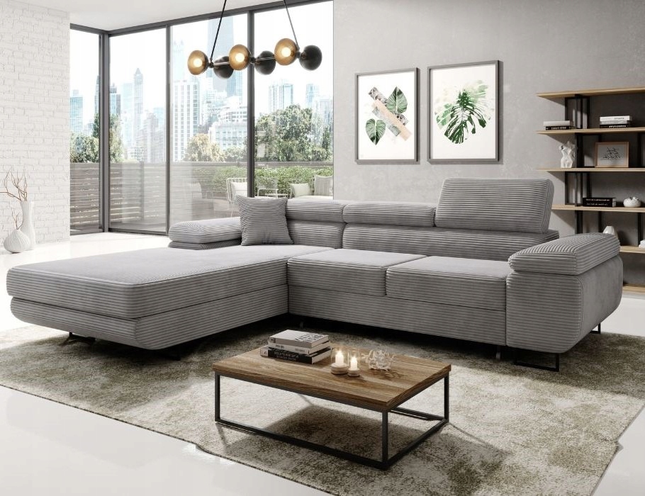 Velký šedý rohová sedací souprava Astorp L levý pro spaní v látce typu manšestr.