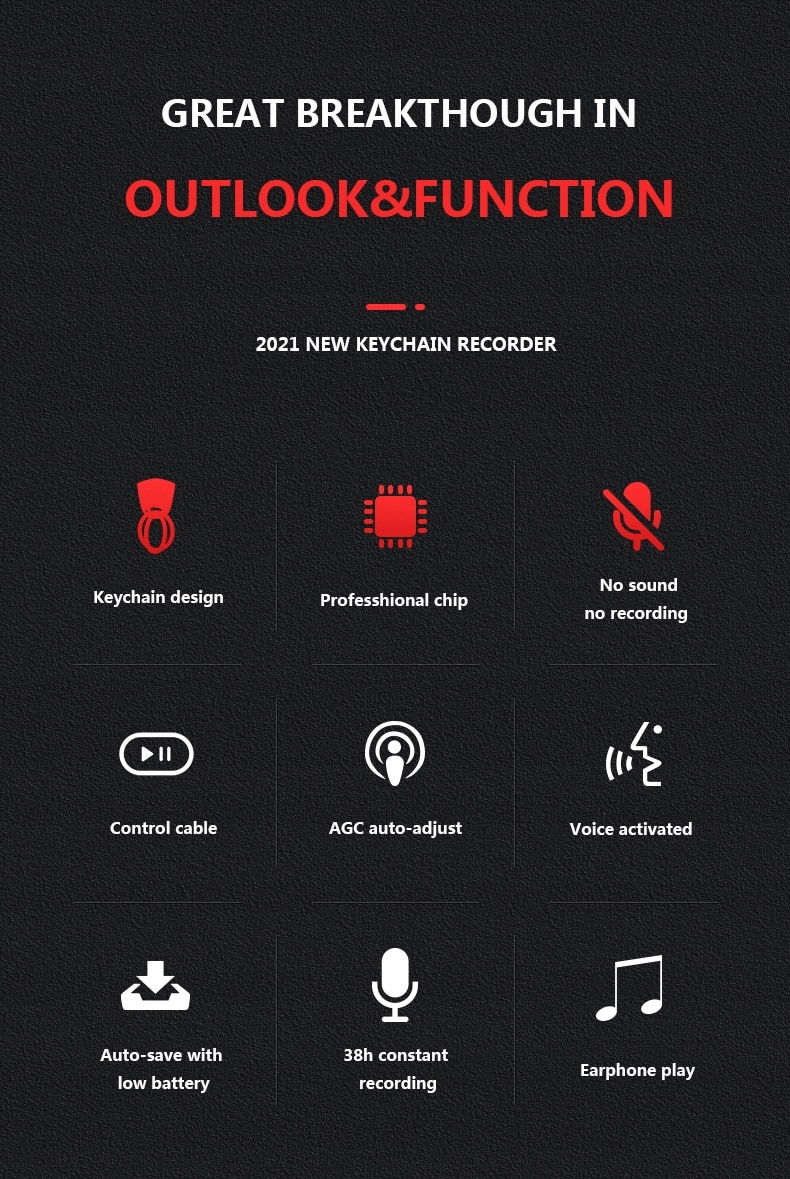 DYKTAFON BRELOCZEK NA KLUCZE AKTYWOWANY DŹWIĘKIEM Obsługa kart pamięci nie