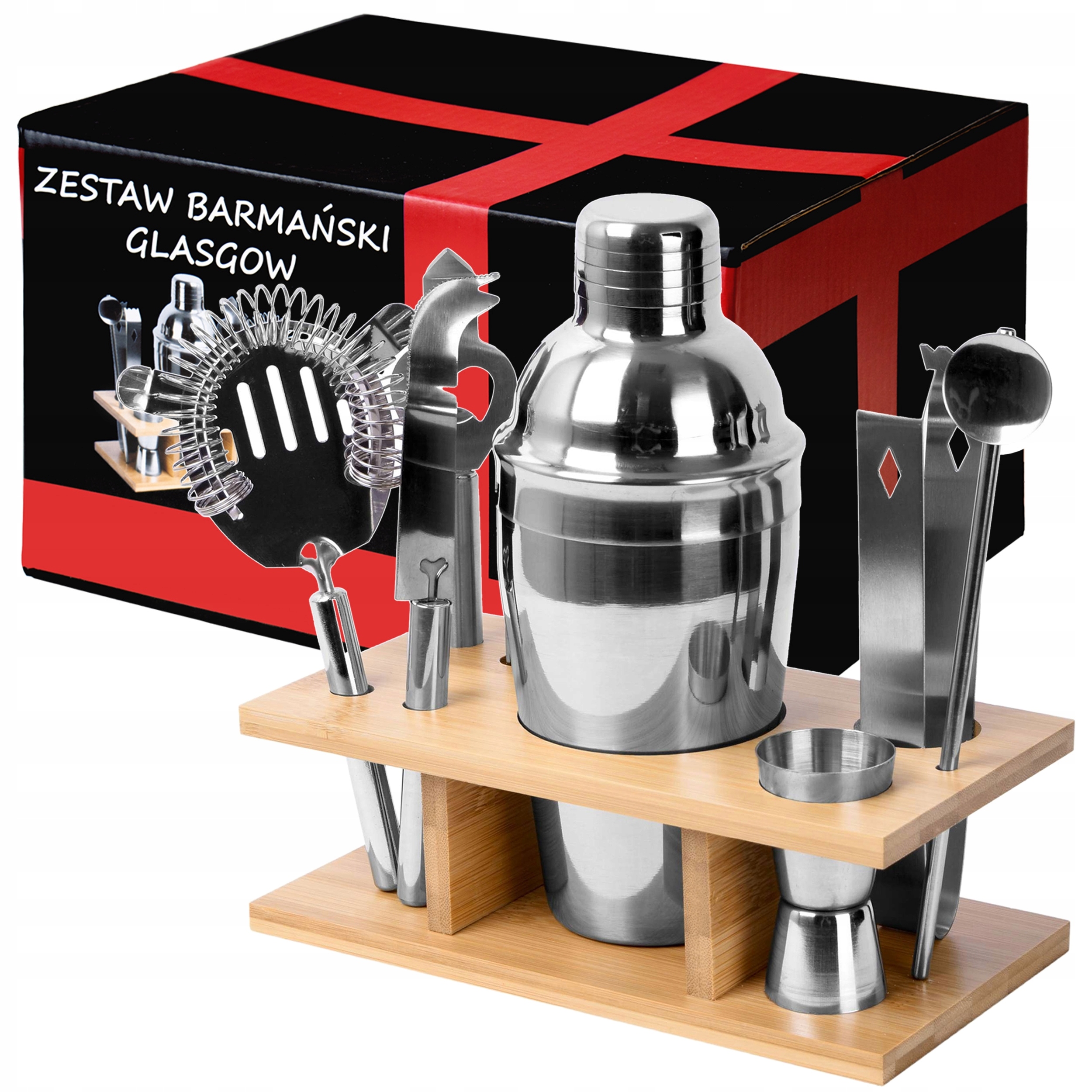 Barmanský Set Na Nápoje Velký Shaker Stojan Dřevěný Příslušenství 9 Ks