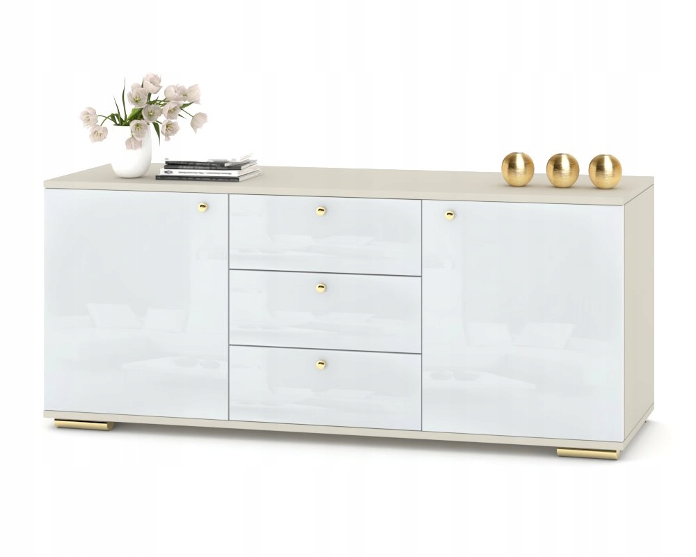 Velká komoda do obývacího pokoje Kašmír Bílý Lesk Zlaté úchytky a nohy 150