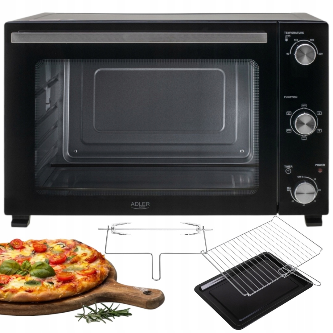 Duży Piekarnik Elektryczny wolnostojący 60L Termoobieg Ruszt Rożen Czarny