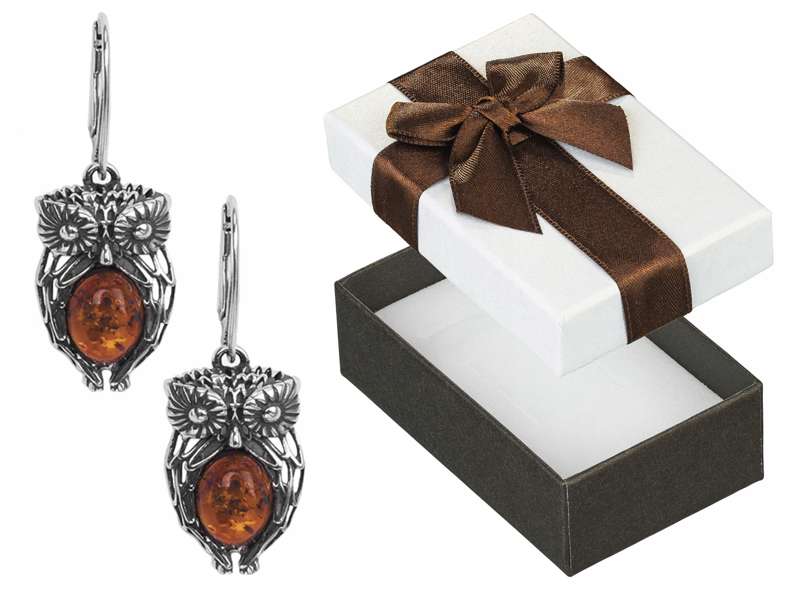 Stříbrné Náušnice Visací Sovy s Jantarem Anglické Zapínání Oxidované