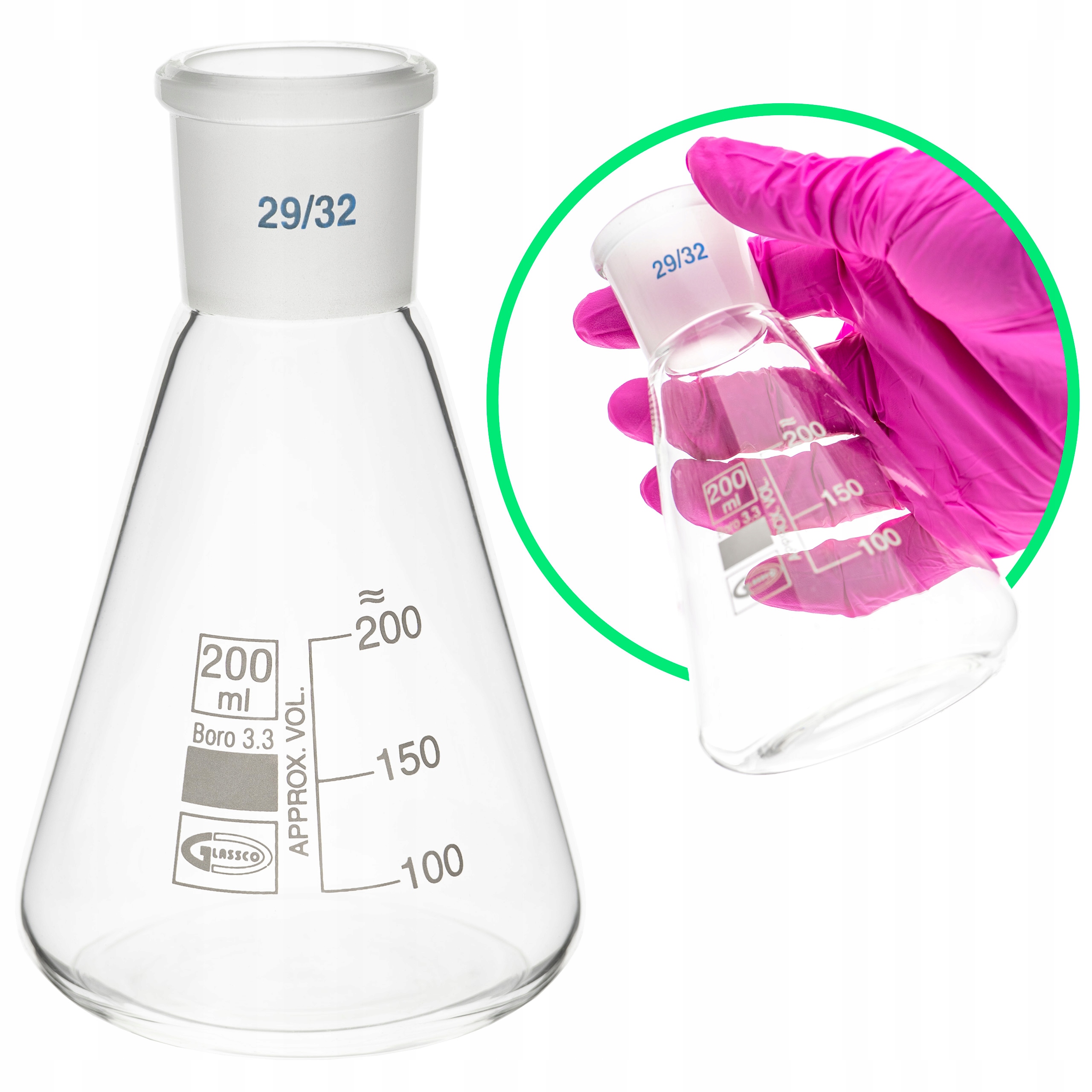 Kolba Erlenmeyera stożkowa szklana 200ml szlif 29/32 śr.79mm/wys.131mm
