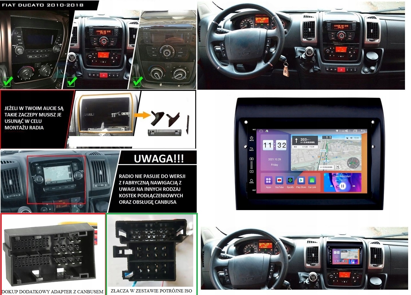 RADIO GPS ANDROID FIAT DUCATO 2010-2018 CARPLAY WIFI USB 4/64GB MODEM SIM Złącza RCA Sub-out (subwoofer) USB