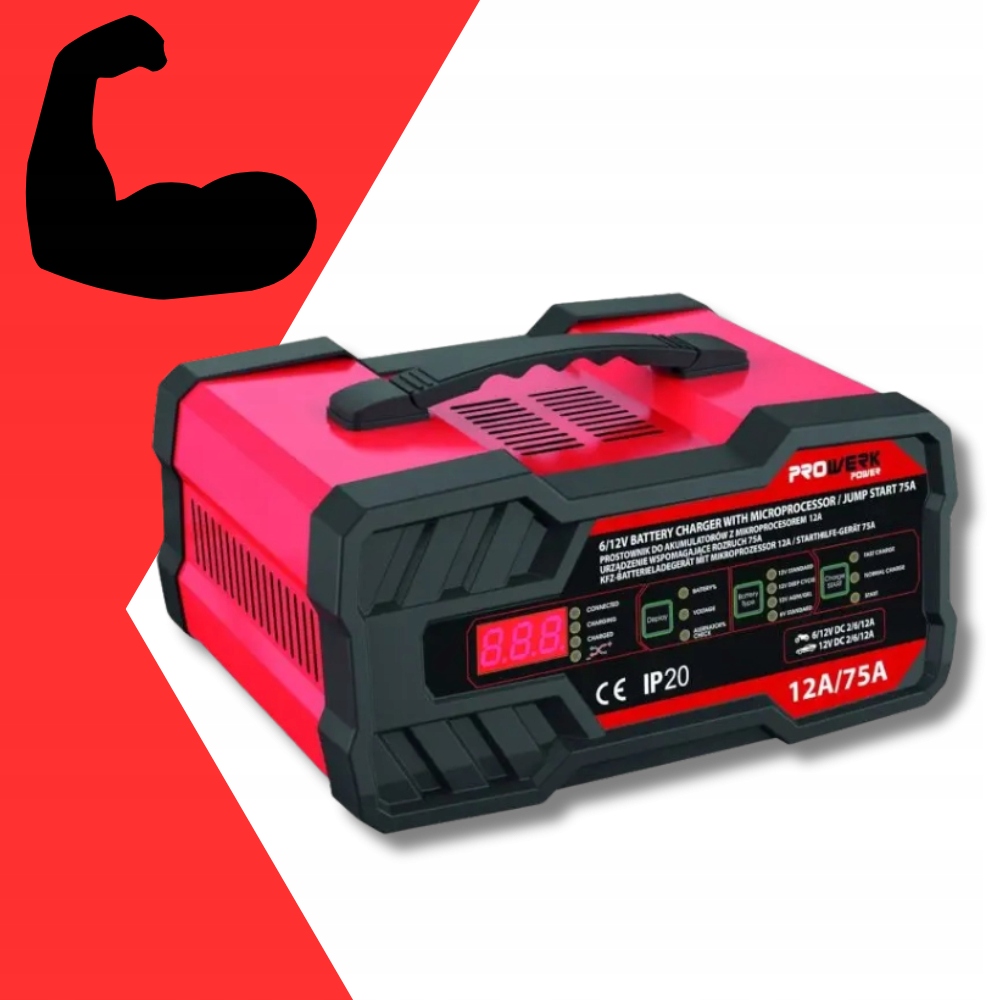 Prostownik Z Funkcją Rozruchu Ładowarka Do Akumulatora 12V 24V Booster 75A Marka Prowerk Tools