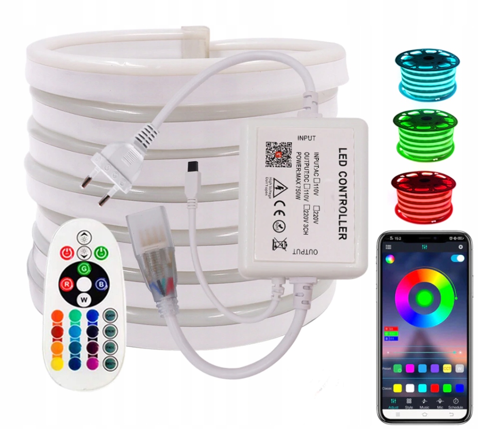 Sada Neon Rgb 60 LED/m 10 m Dálkový Ovladač 230V bluetooth