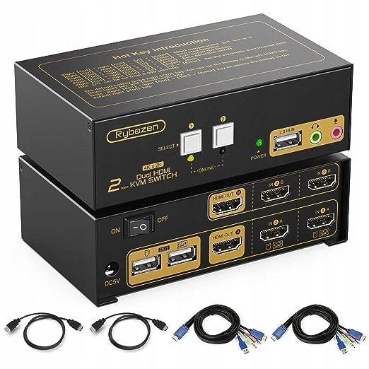 Przełącznik Kvm 2 komputery 2 monitory Hdmi 4K 30 Hz Usb rozszerzanie