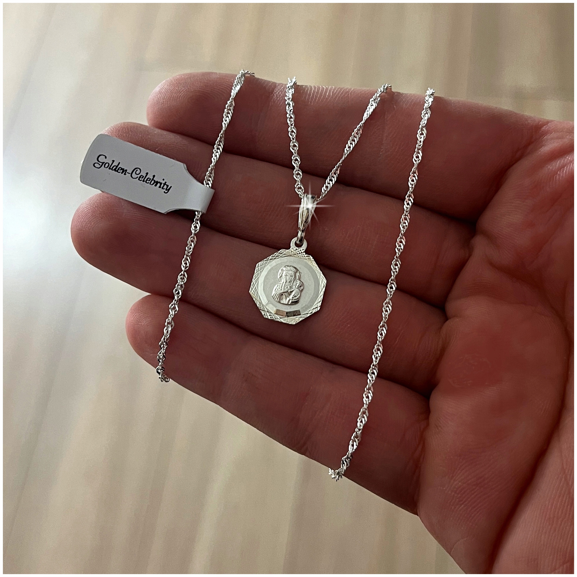 SREBRNY ŁAŃCUSZEK + MEDALIK MATKA BOSKA 925 PREZENT KOMUNIA CHRZEST GRAWER Marka Golden Celebrity