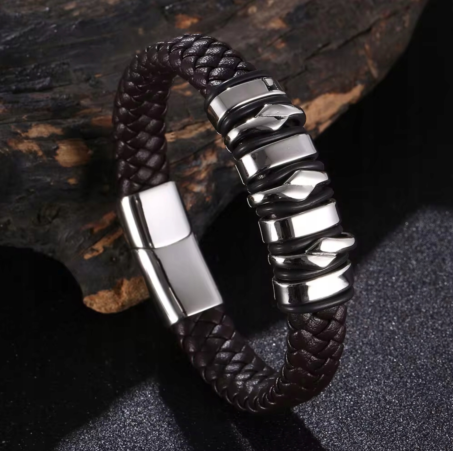 Kožený náramek z oceli Brown Pletený Ocel 316L Pevné zapínání Magnet