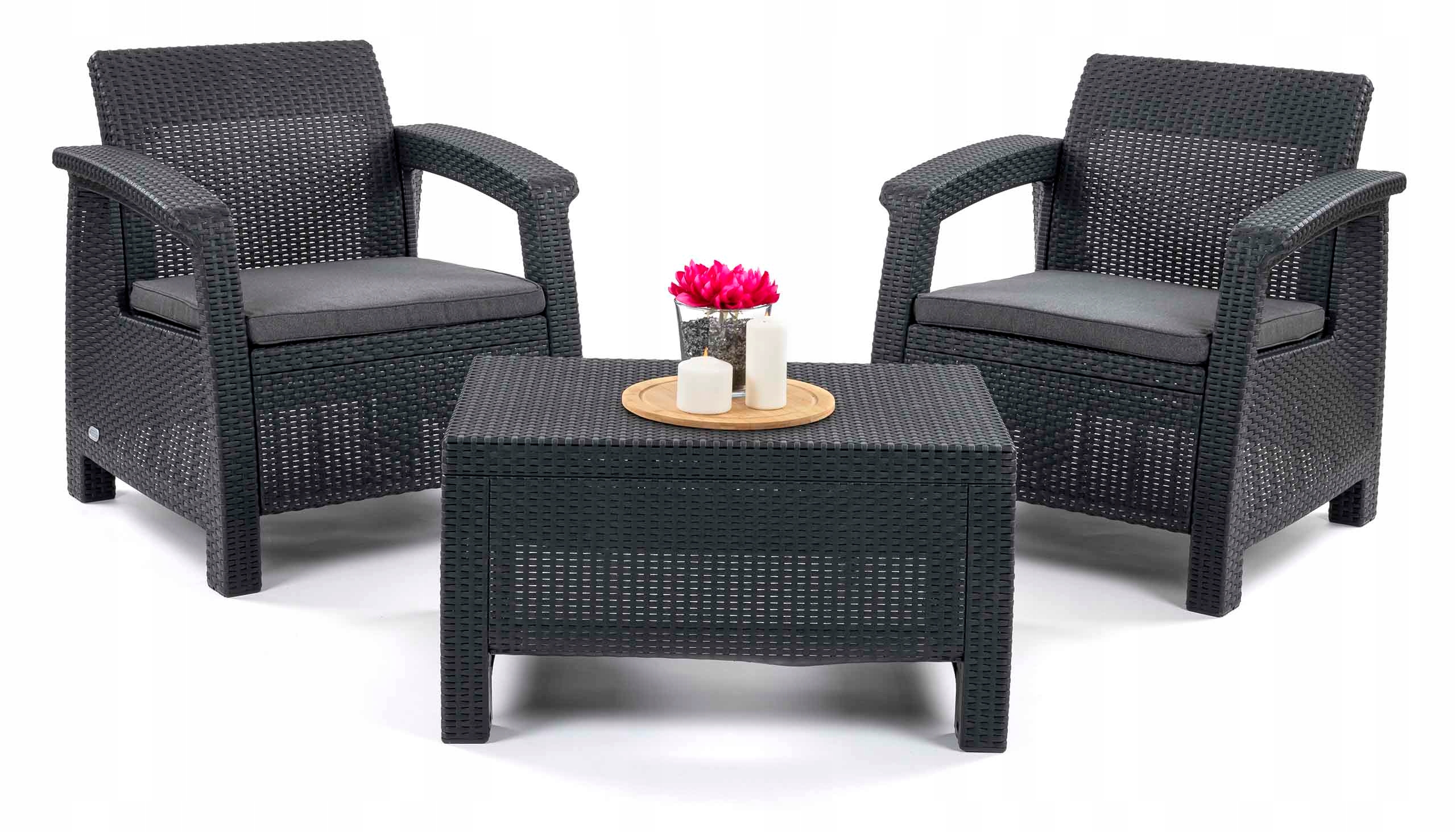 ZESTAW MEBLI OGRODOWYCH DWA FOTELE Z PODUSZKAMI + STOLIK NA TARAS BALKON