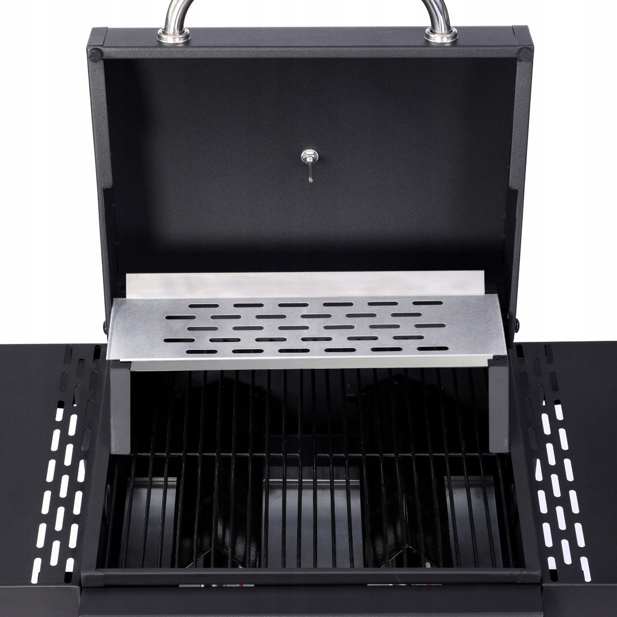 GRILL GAZOWY OGRODOWY LANDGRAF RUSZT MIEJSCE NA BUTLĘ TERMOMETR PÓŁKI Cechy dodatkowe kółka miejsce na butlę pojemnik na tłuszcz pokrywa półka szafka termometr