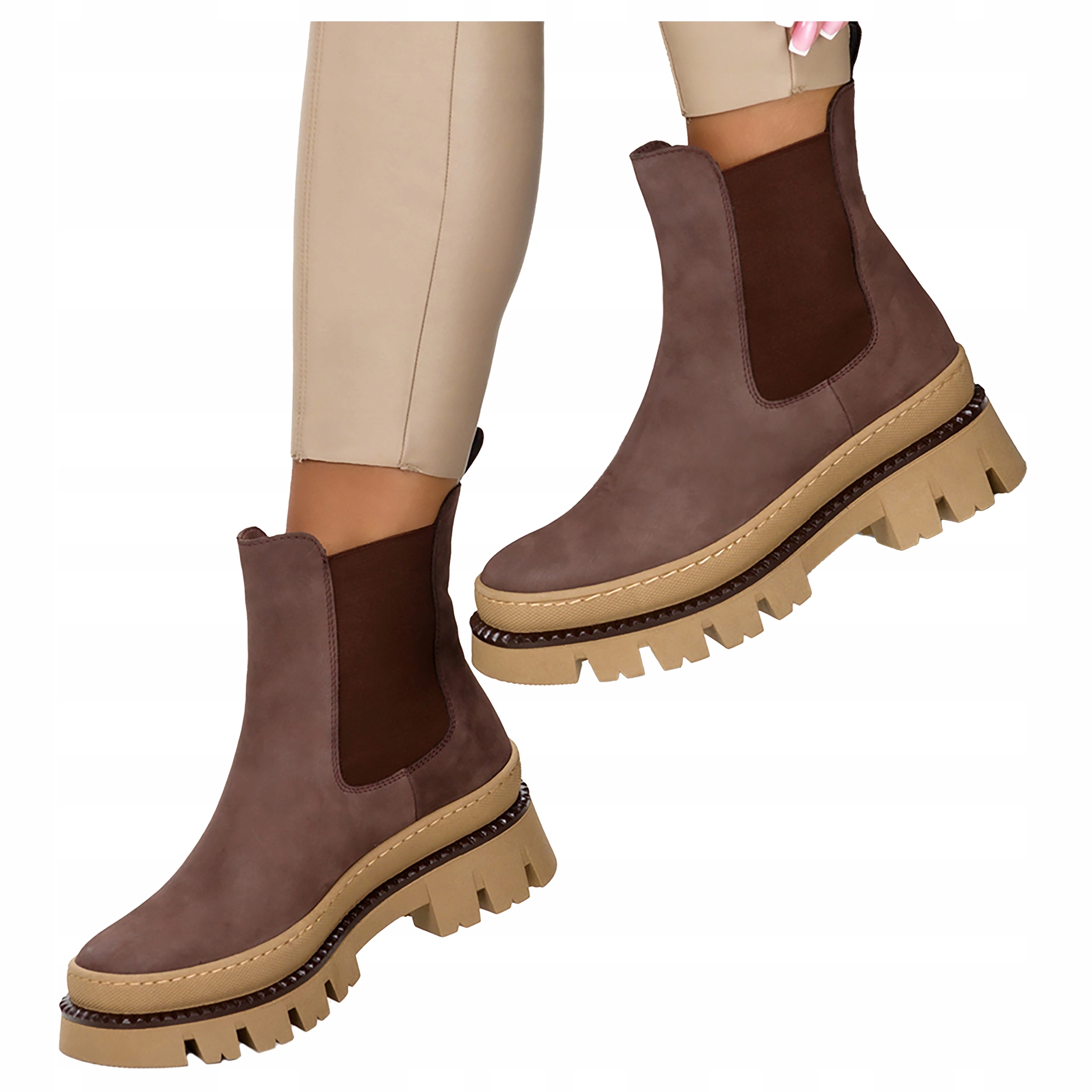 Kožené Hnědé Dámské Kotníkové Boty na Platformě Gumičky Polský Výrobek vel. 39