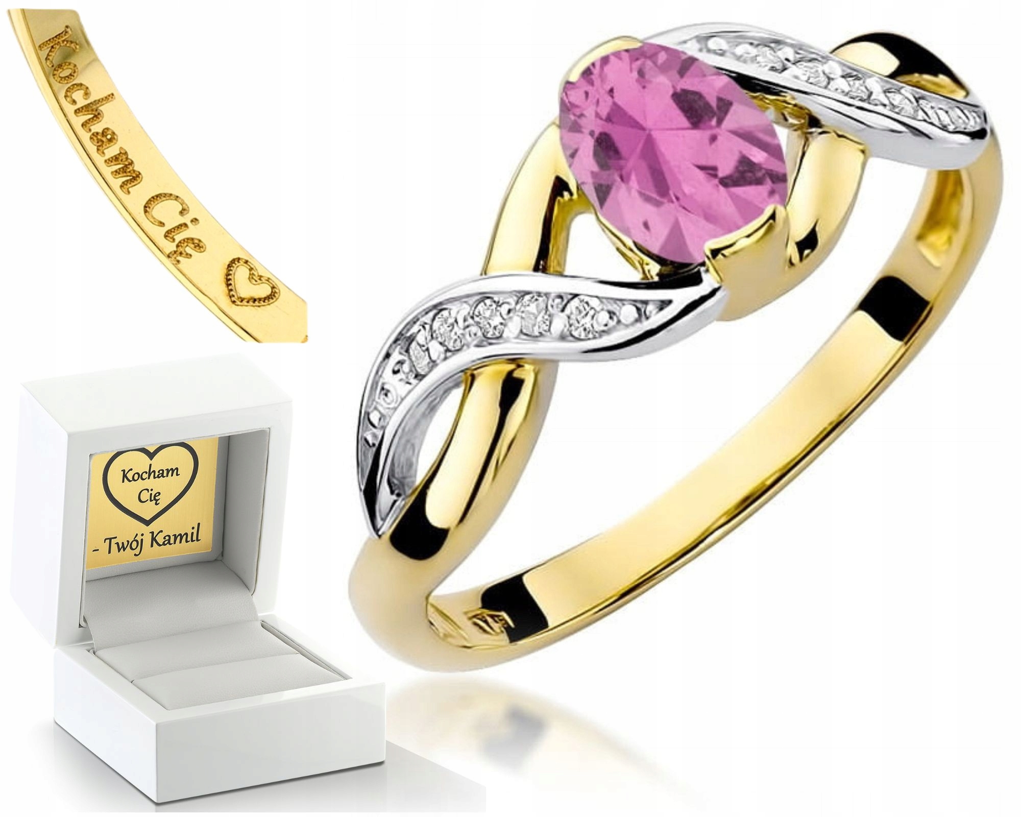 Zásnubní Prstýnek Růžový Safír Brilianty Žluté Zlato 585 Gravírování