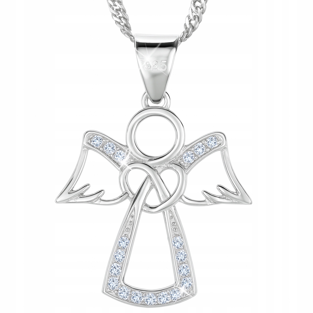 Řetízek s andělským medailonem, rhodiovaný, srdce s kubickou zirkonií, stříbro 925, gravírování