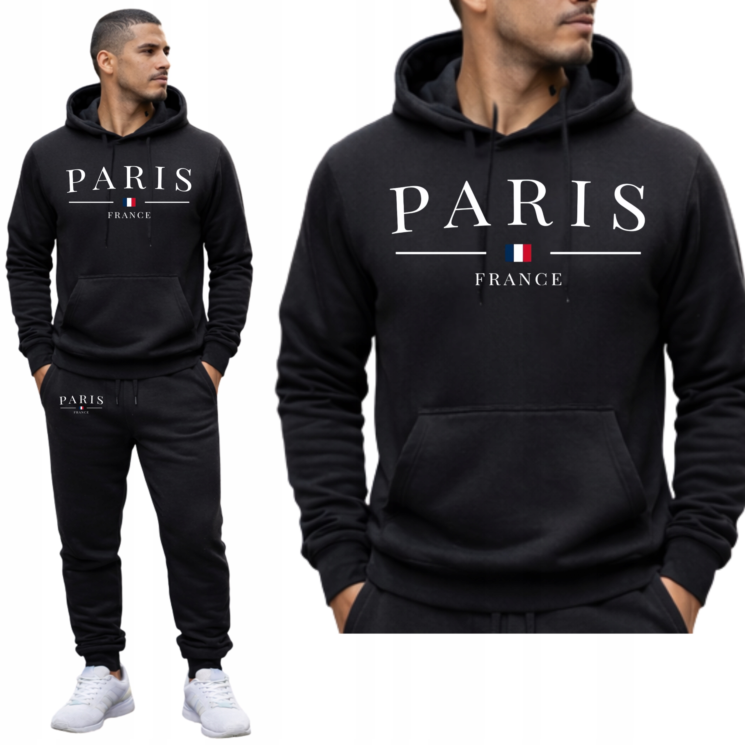 MESKI KOMPLET DRESOWY SPORTOWY PARIS FRANCE BLUZA Z KAPTUREM+SPODNIE M
