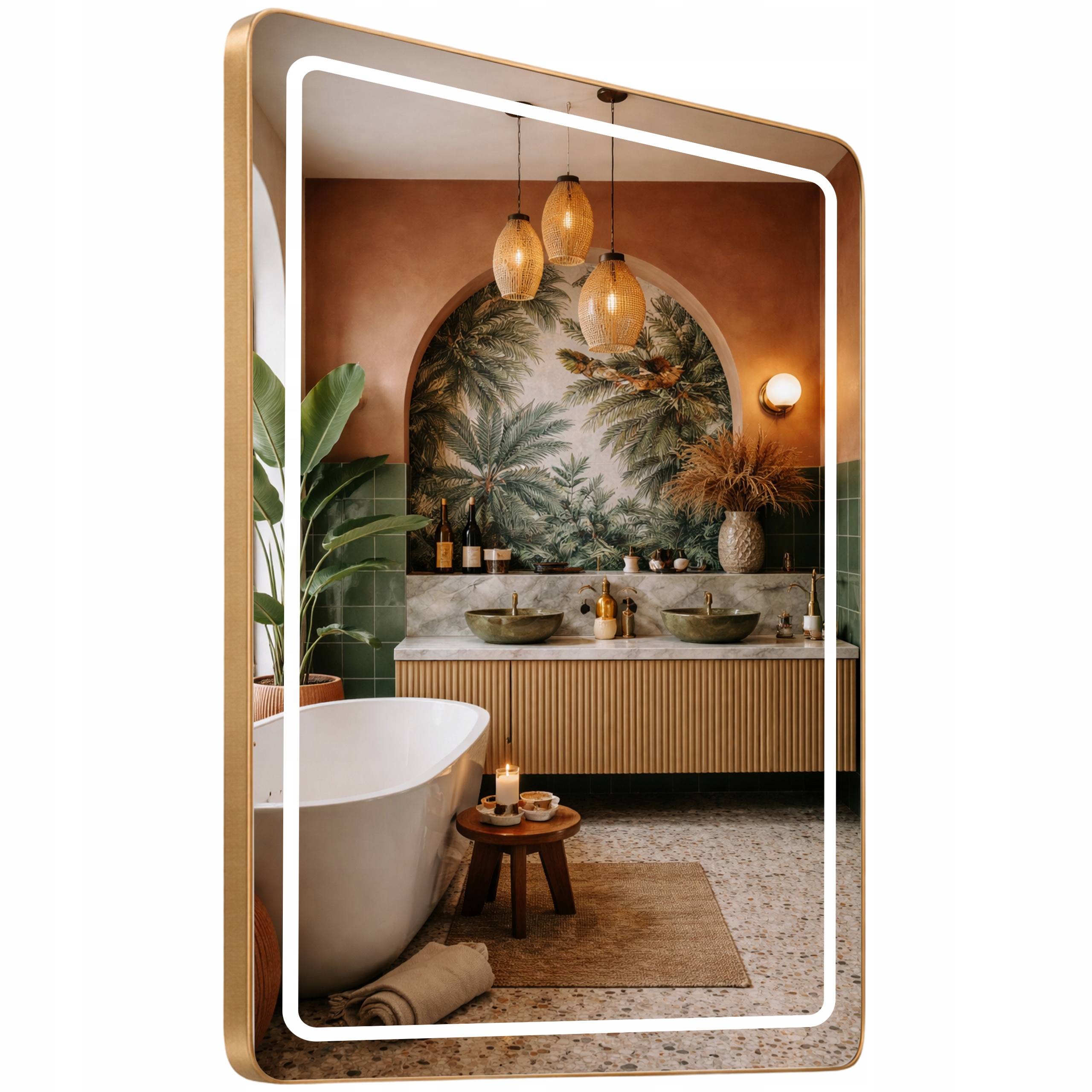 Obdĺžnikové Zrkadlo Zaoblené 80x120 Hliníková Rámová Súprava Loft Podsvietená