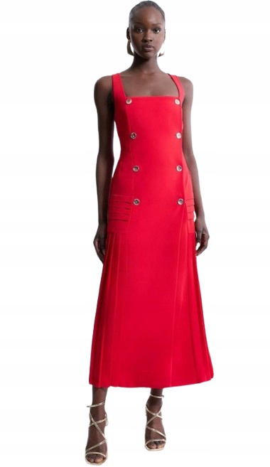 Karen Millen Šaty MIDI Rozšířená S Knoflíky Červená 38 B1F