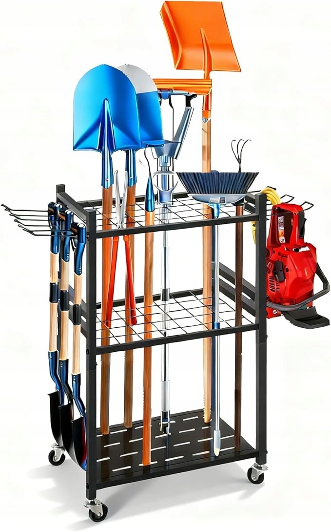 Stojan na zahradní nářadí, organizér na kolečkách, 35 míst