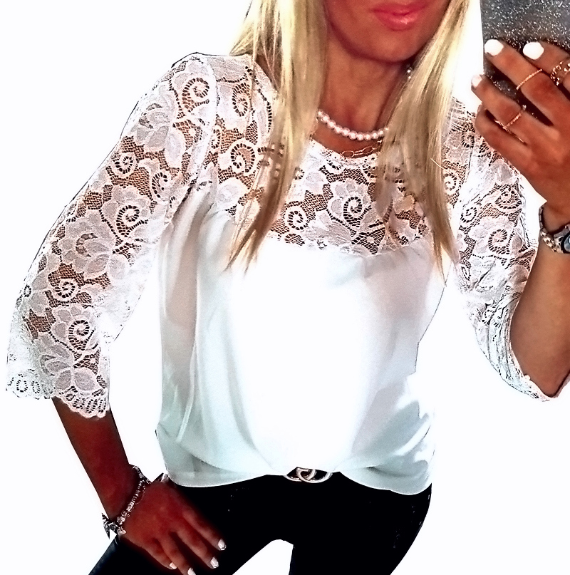 . BIAŁA BLUZKA ELEGANCKA Z KORONKĄ KOSZULA WISKOZA