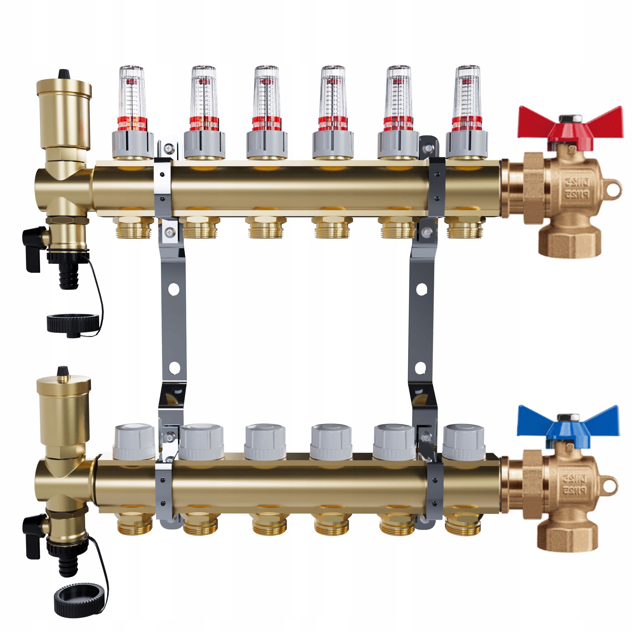 Rozdělovač pro podlahové vytápění – 6 okruhů Úhlové kulové ventily