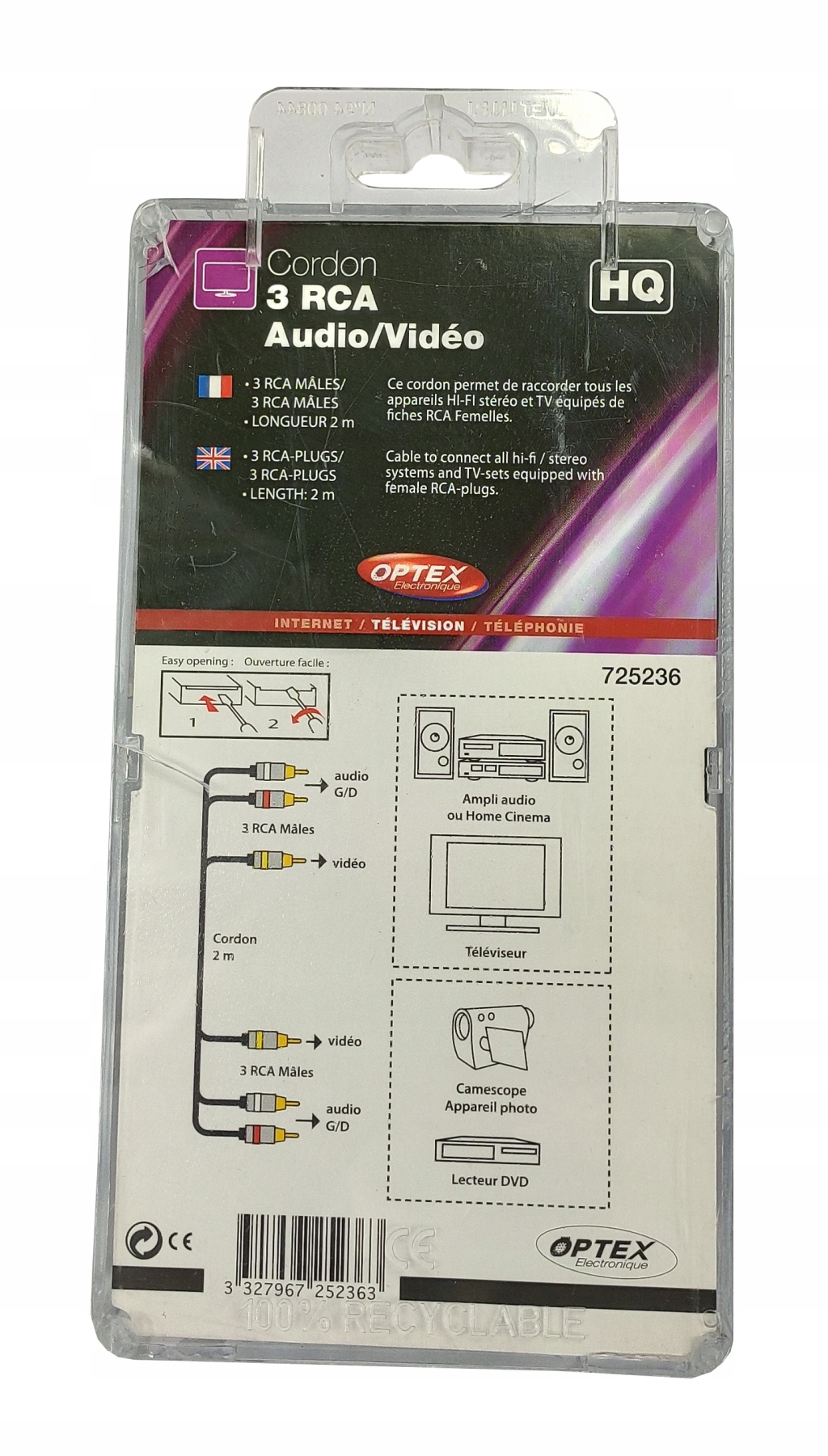 Przewód 3 x RCA Component Audio Video GOLD 2 m Długość kabla 2 m
