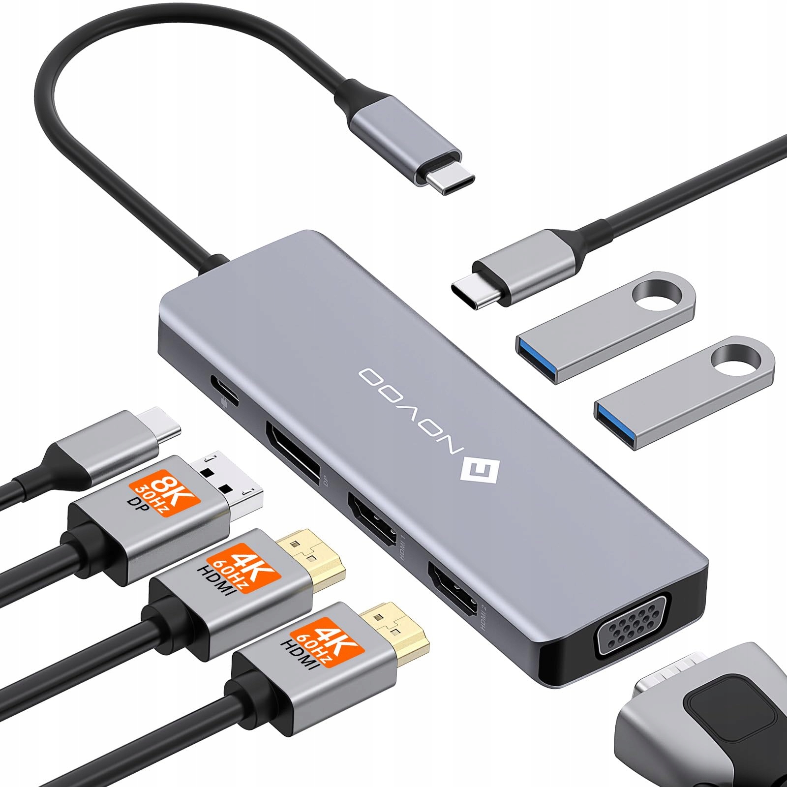 Stacja dokująca Novoo NHM08S-630B1-VCEU Usb C, 8 w 1 hub Usb C