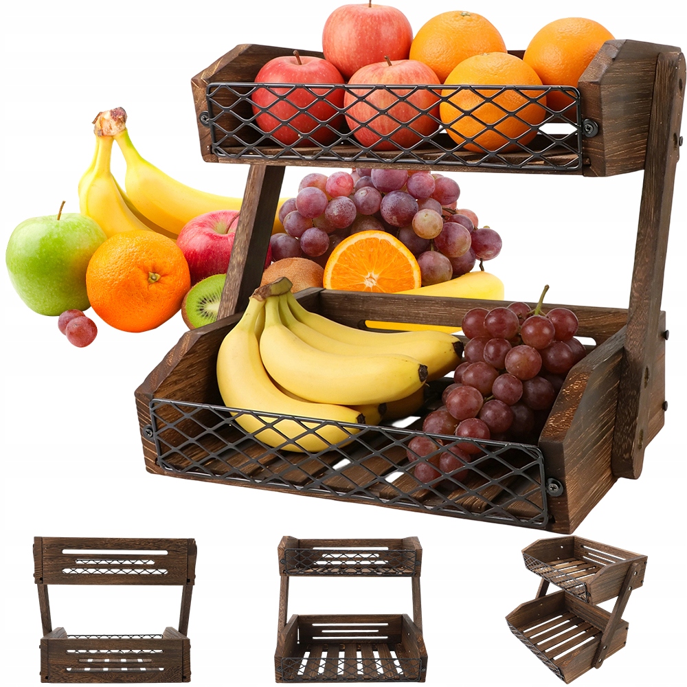 Dvouúrovňový koš na ovoce a zeleninu Kuchyňský stojan Hnědý Dřevo Kov