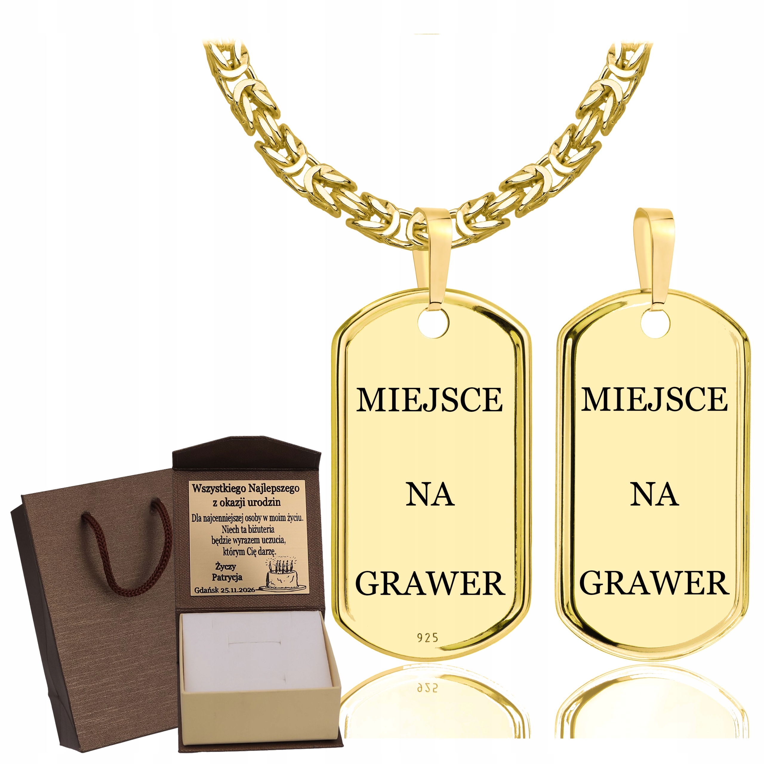 Złoty Pełny Łańcuszek Męski Królewski Z Nieśmiertelnikiem Pr 925 585 Grawer