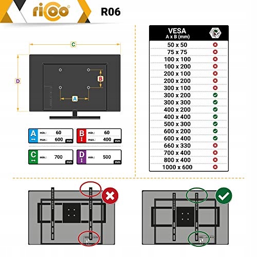 RICOO Uchwyt TV Ścienny Obrotowy 40-75 Cal 95 Kg VESA 600x400 — miniatura 6