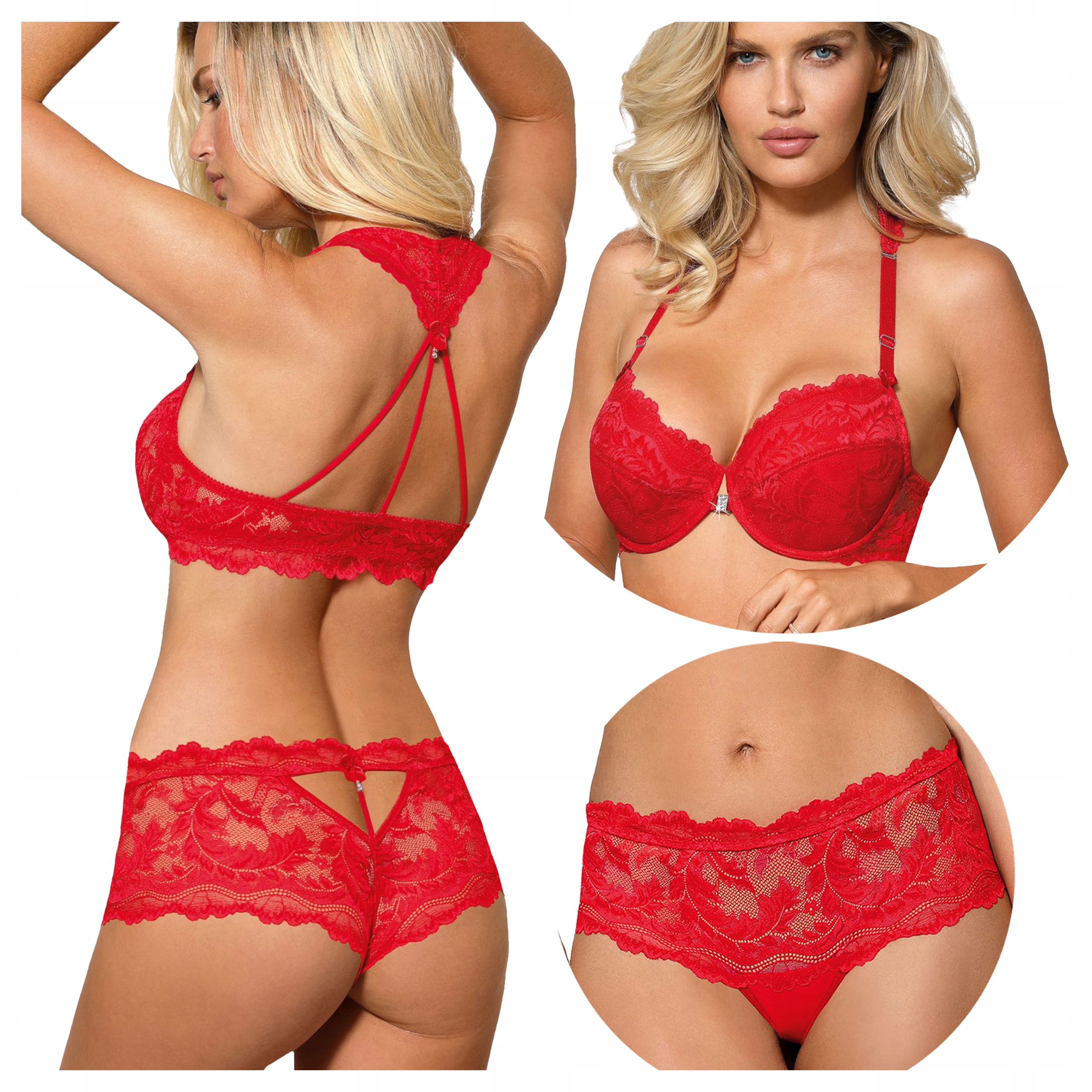 Komplet Podprsenka Push Up Krajkové kalhotky Smyslné Červené 85D+XL