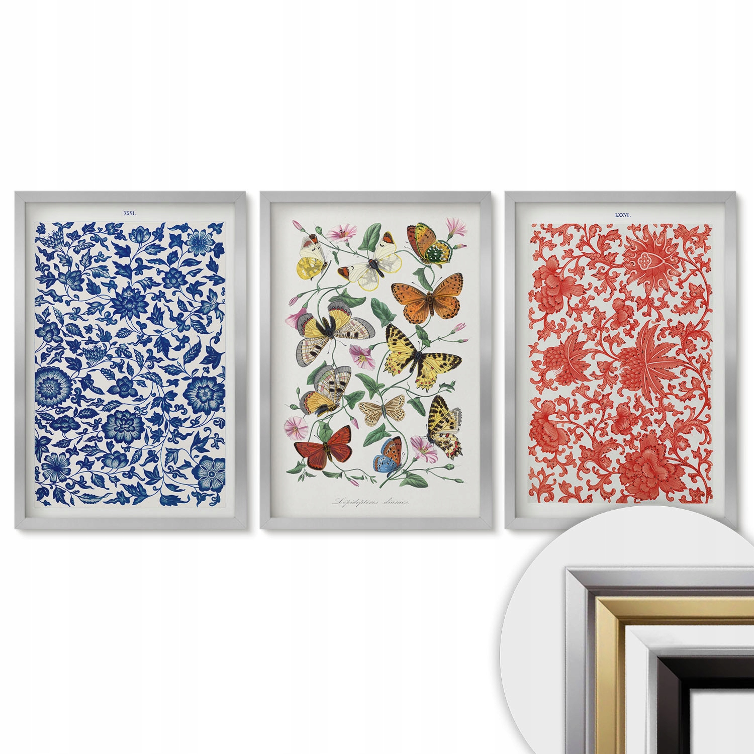 Sada 3 nástenných obrazov na darček Vintage kvety motýle ornamenty
