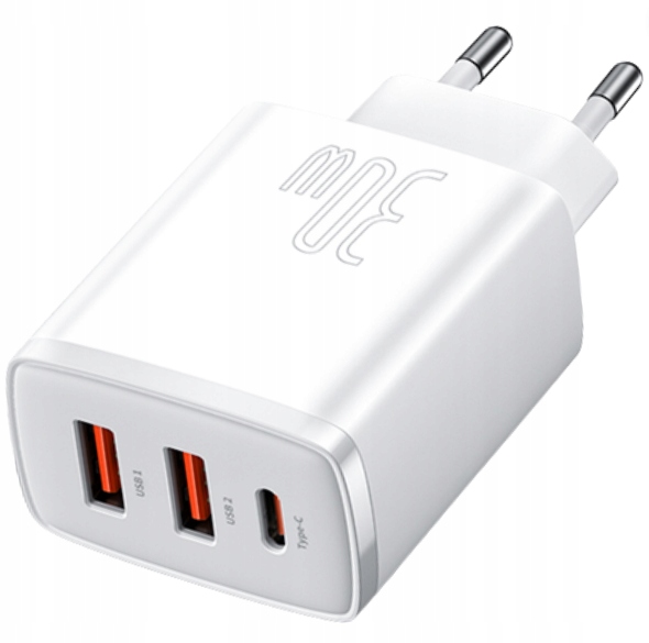 BASEUS COMPACT SZYBKA ŁADOWARKA SIECIOWA 2XUSB 1XUSB C 30W 3A PD BIAŁA PD