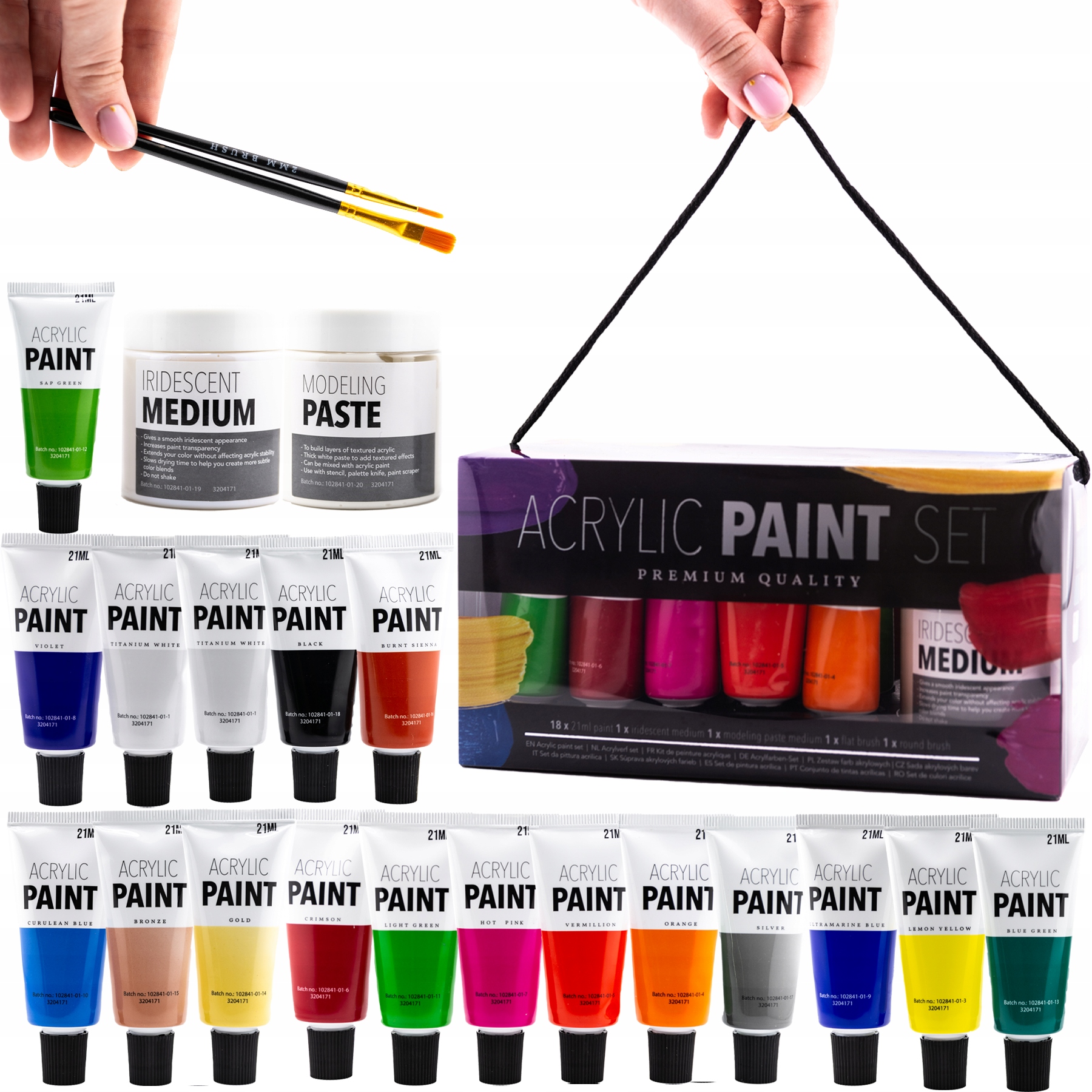 FARBY AKRYLOWE DUŻY ZESTAW FARB + PĘDZLE + MEDIUM, METALICZNA ZŁOTA