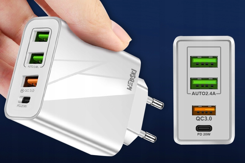 WEBSKI ŁADOWARKA SIECIOWA 4xUSB USB TYPU C QC PD Kolor biały