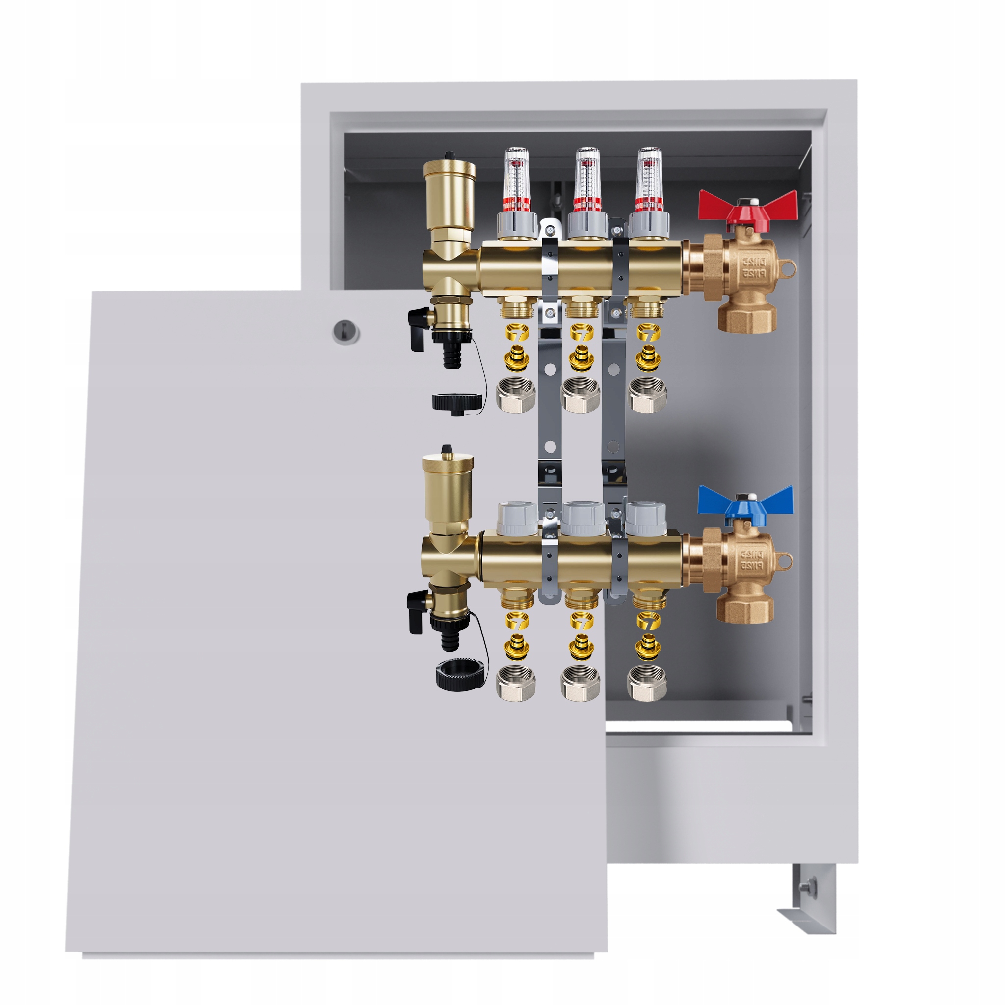 Rozdělovač podlahový mosazný 3 okruhy Podomítková skříň ventily Pex