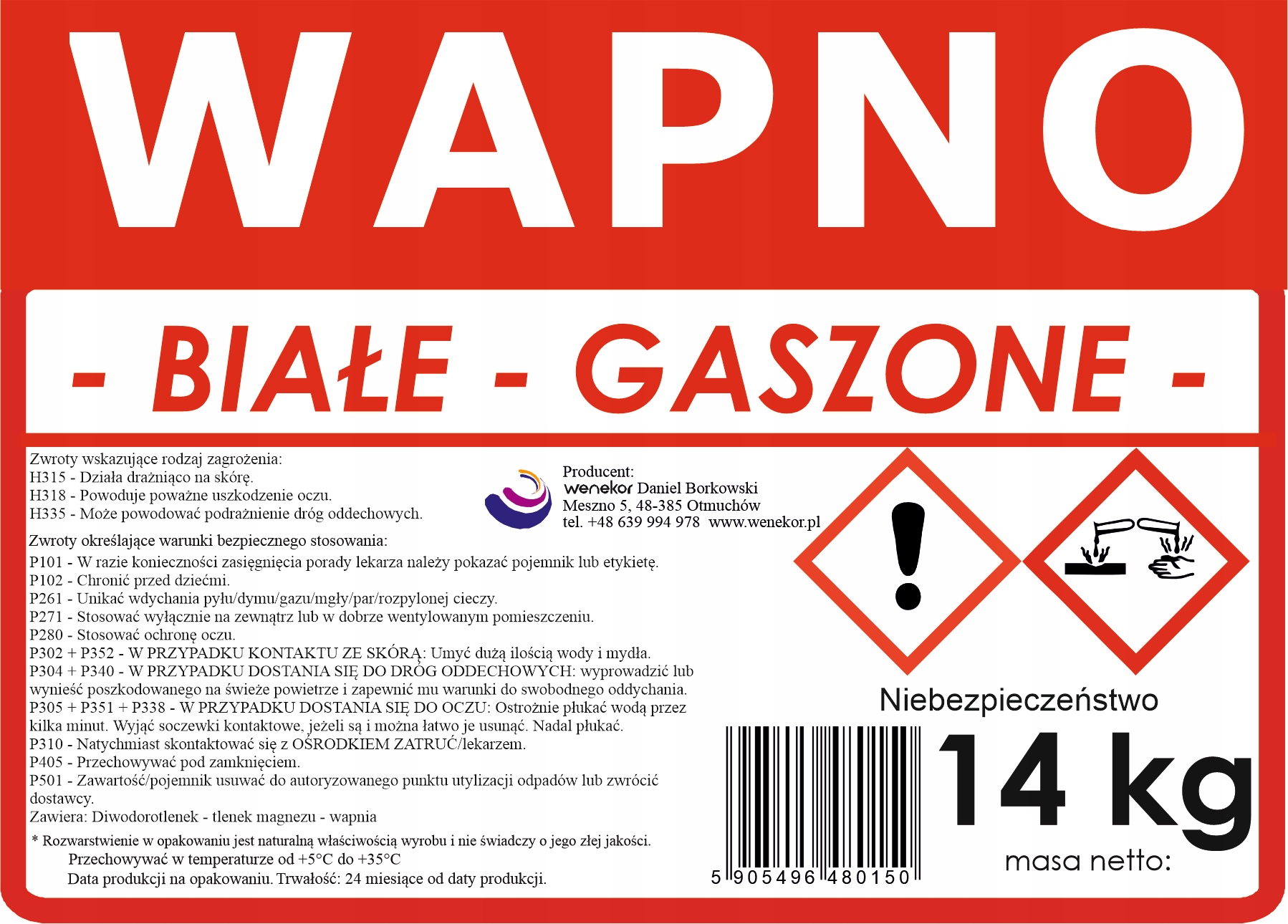 WAPNO GASZONE, LASOWANE, MALARSKIE EXTRA BIEL 14KG Marka Wenekor