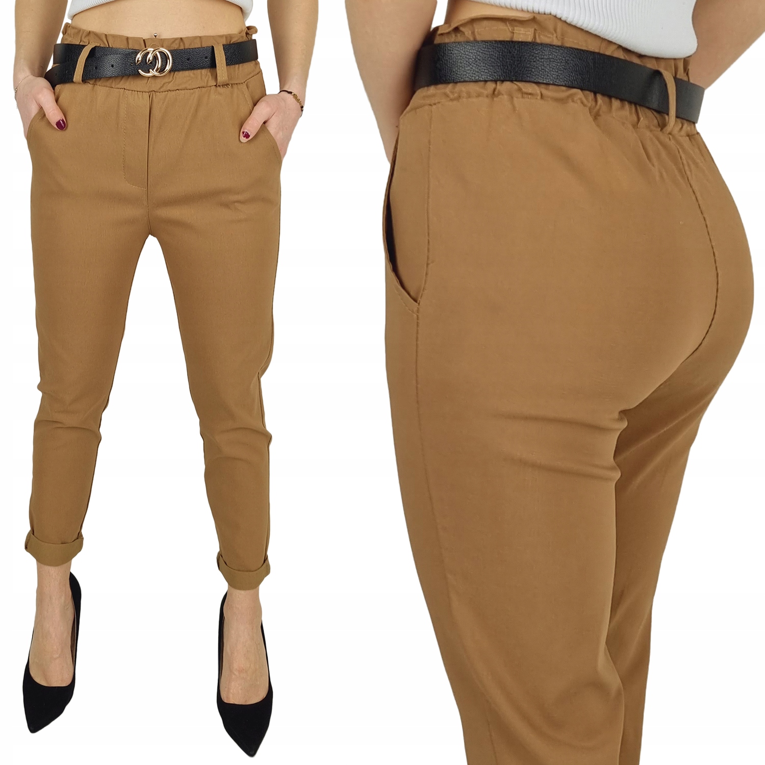 #ELASTYCZNE - SPODNIE - DAMSKIE - W GUMKĘ - PASEK#