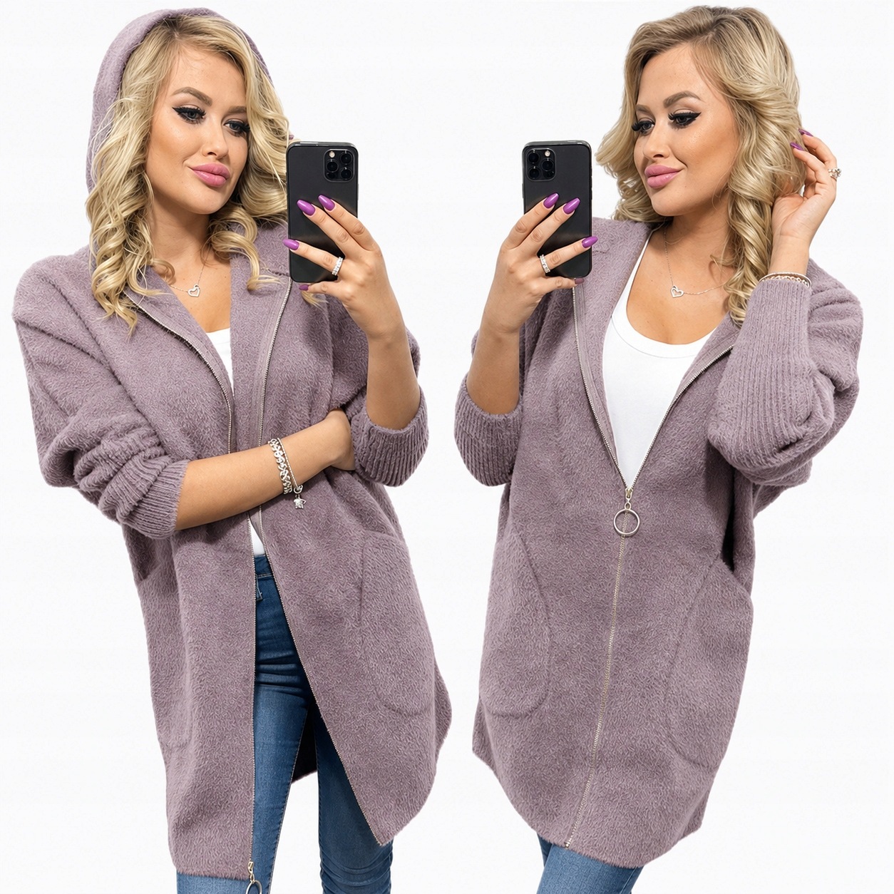Alpaki Zip Kabát Vlna Barvy oversize Dlouhý Zhasnutý Vřesový