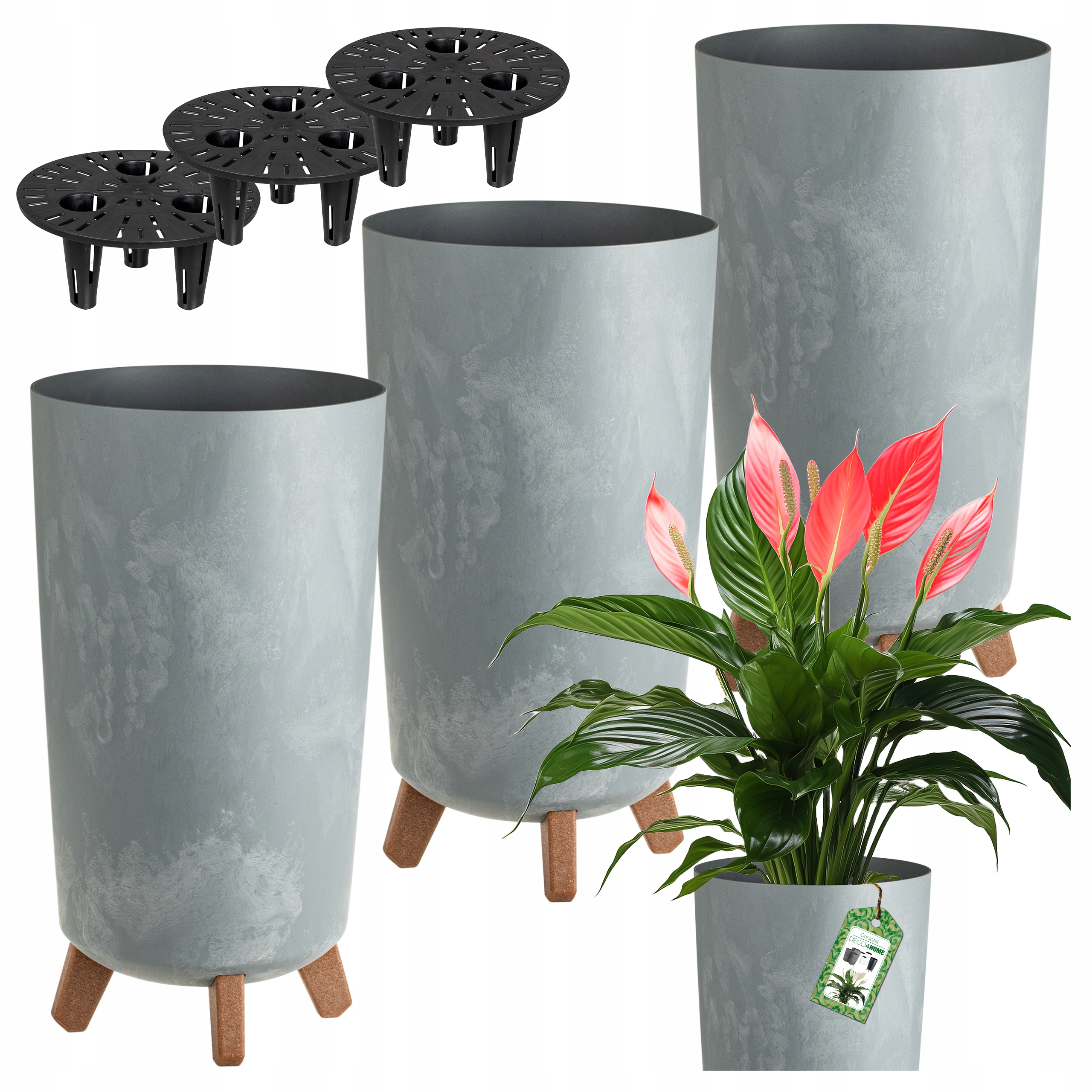 Set x3 Květináč Květináč Na Nožkách Vysoký Stojanový Květináč Beton Šedý