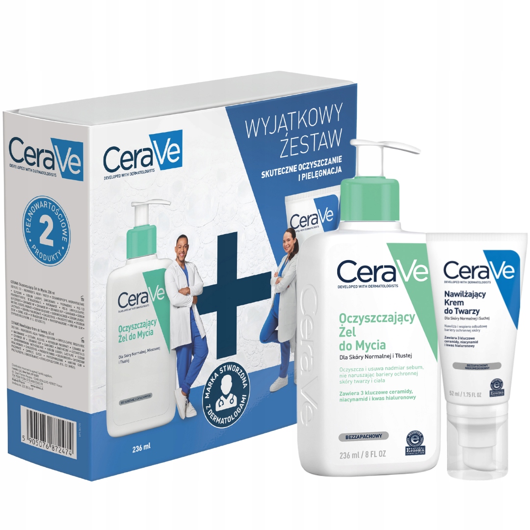 CeraVe Zestaw: Oczyszczający żel do mycia 236ml, Nawilżający krem do twarzy