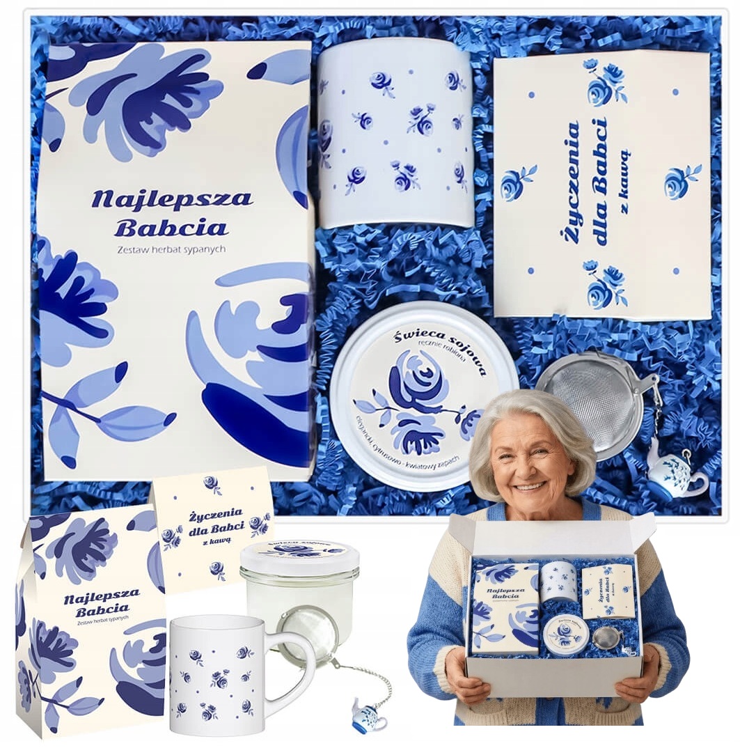 Levně Dárek ke Dni babiček – sada kávy a čajů, sójová svíčka, hrnek na vaření
